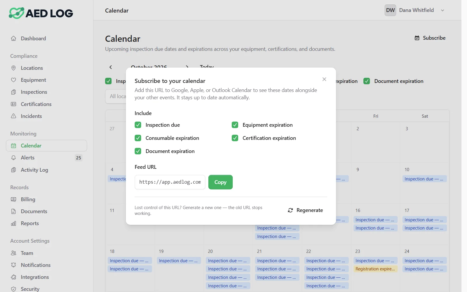 The calendar subscription dialog in AED Log: choose which dates to include and copy a feed URL for Google, Apple or Outlook Calendar