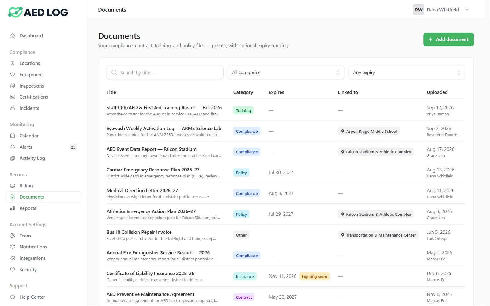 The documents library in AED Log: training rosters, inspection logs, a medical direction letter, emergency plans, a service report and an insurance certificate expiring soon