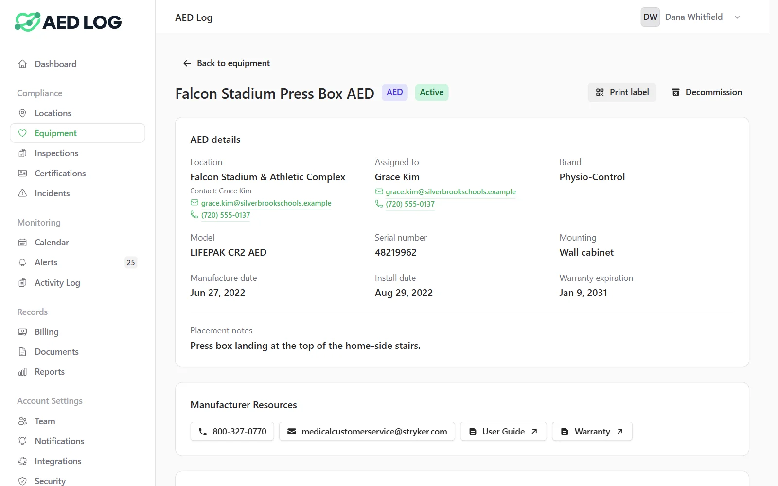 An AED's record in AED Log: location, contact, assigned responder, brand, model, serial number, install and warranty dates, placement notes and the manufacturer's support resources