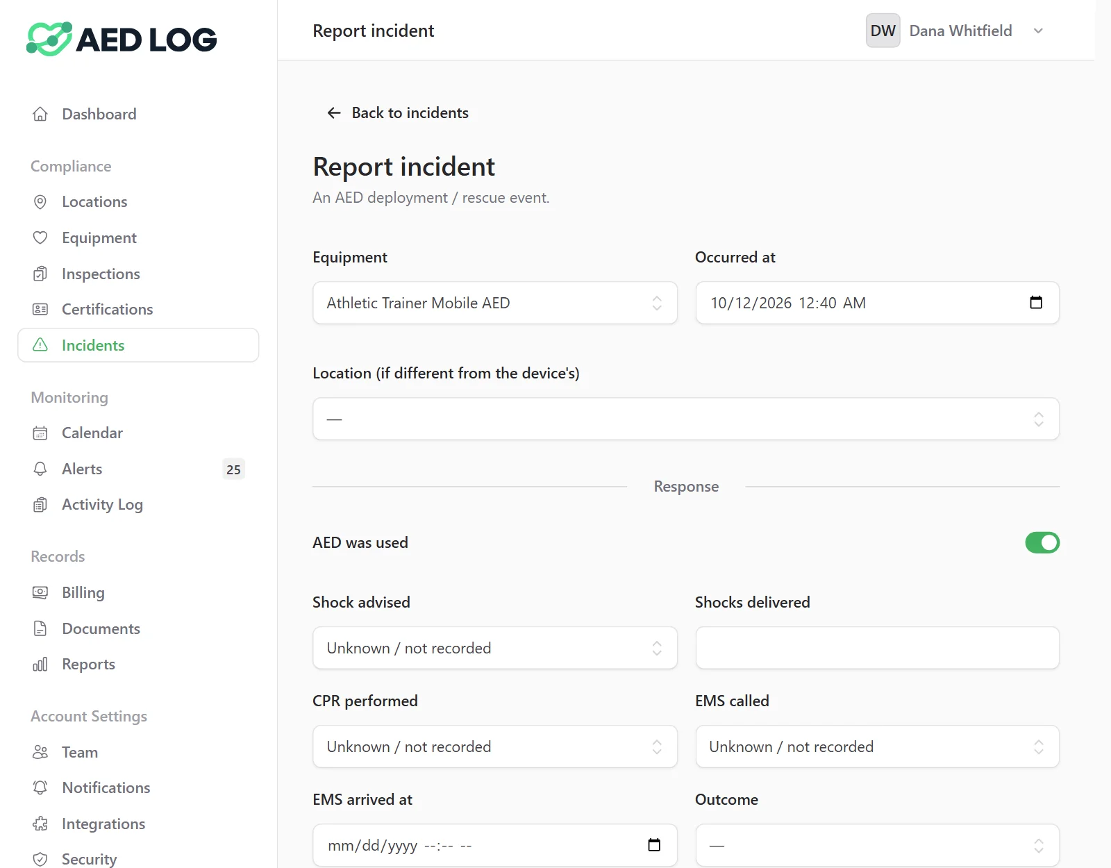 The AED incident report form in AED Log: the AED used, when it happened, and the response, including shock advised, shocks delivered, CPR, EMS called and arrival, and outcome