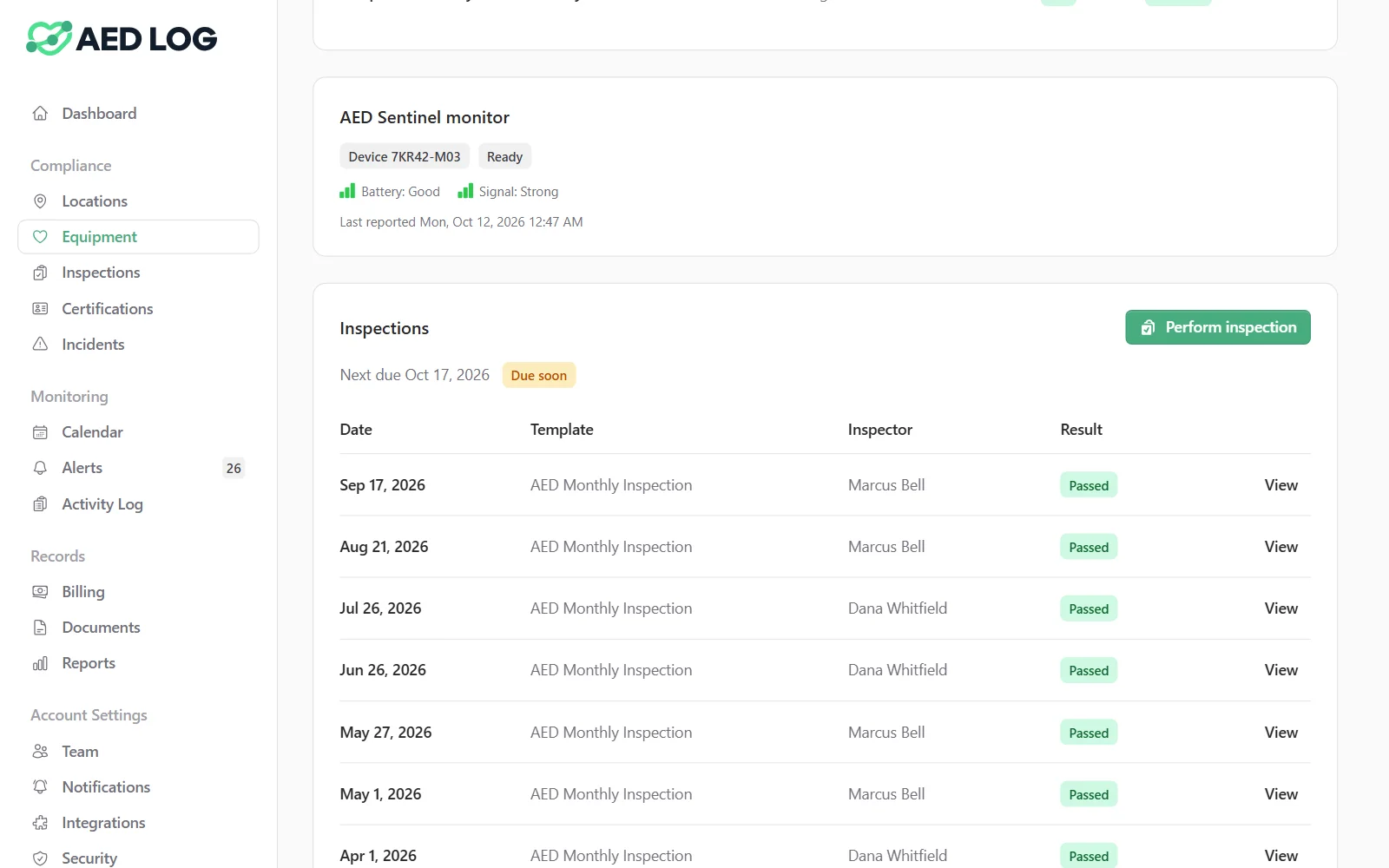 An AED's record in AED Log with its linked AED Sentinel monitor: the device ID, the AED's Ready status, the monitor's battery and cell signal strength and when it last reported, above the unit's monthly inspection history