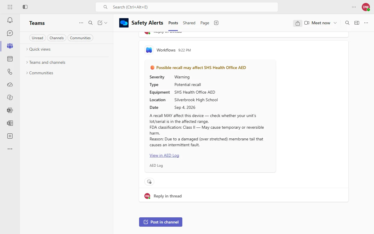 An AED Log alert posted to a Microsoft Teams channel by Workflows: an orange possible recall alert for the SHS Health Office AED at Silverbrook High School, with its severity, type, equipment, location and date, the FDA classification and reason, and a View in AED Log link