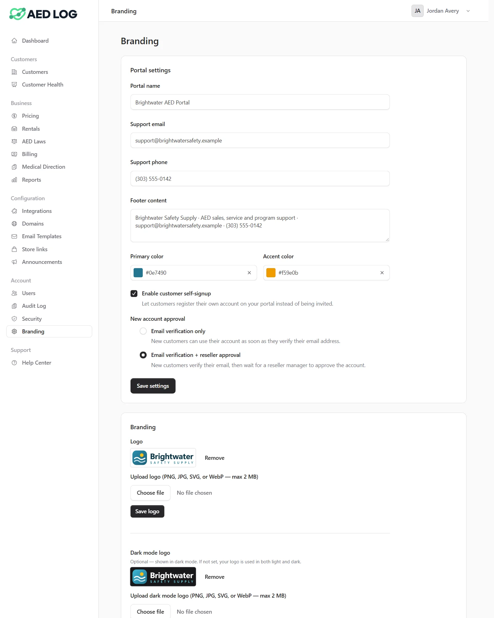 The Branding page of a reseller console for Brightwater Safety Supply: portal name Brightwater AED Portal, support email and phone, email footer, teal and amber brand colors, customer self-signup with reseller approval, and the uploaded logo, dark-mode logo and favicon