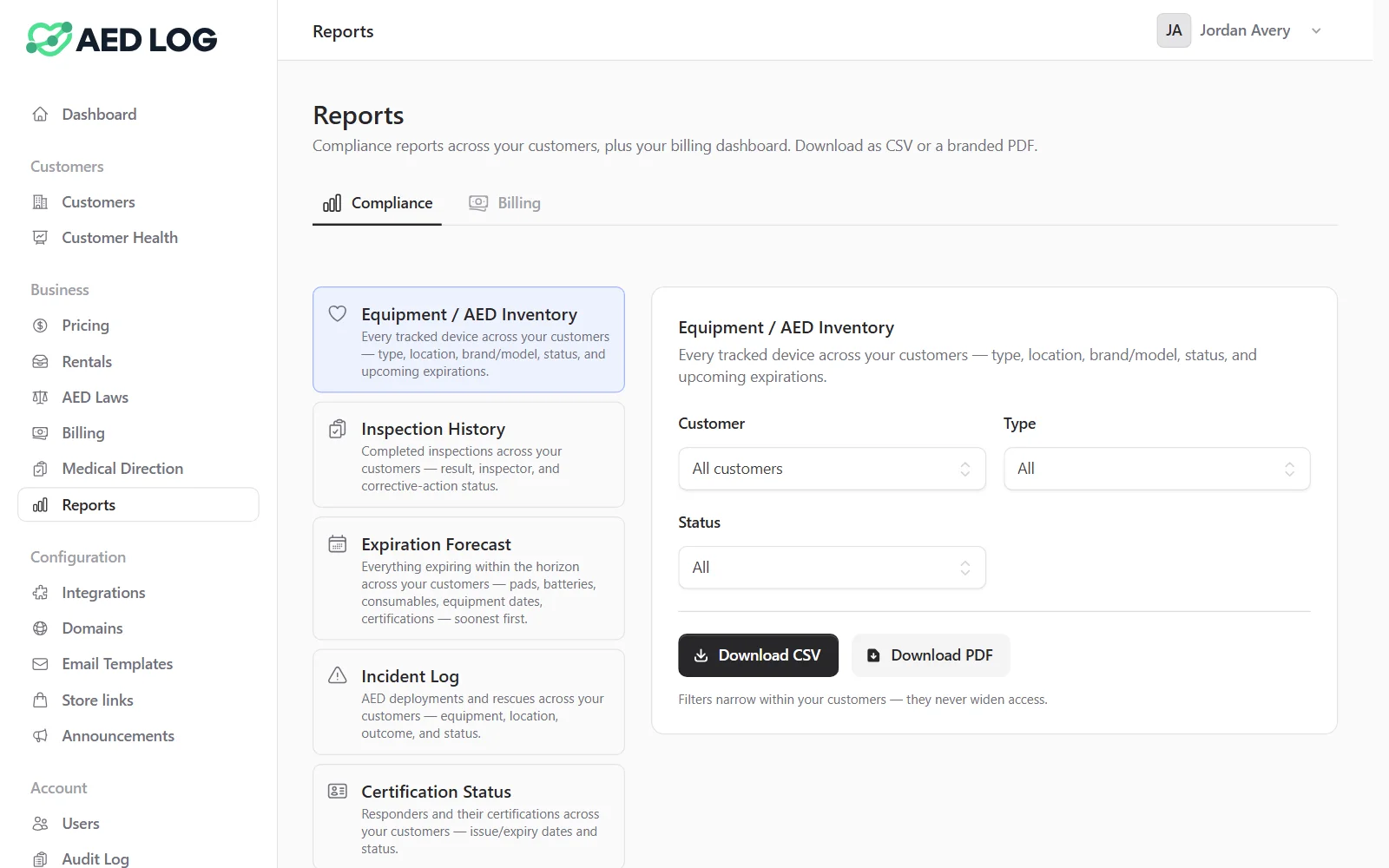 The Reports page of a reseller console: equipment inventory, inspection history, expiration forecast, incident log and certification status reports across all customers, filterable by customer, type and status and downloadable as CSV or a branded PDF