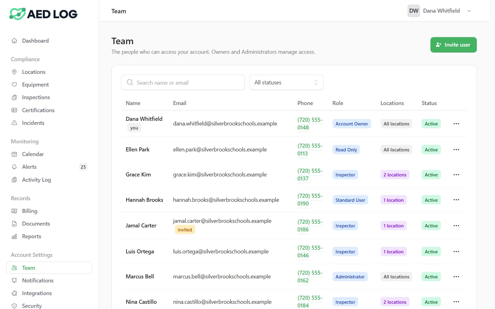 The Team page in AED Log: each user's role (Account Owner, Administrator, Standard User, Inspector or Read Only) and which locations they can access