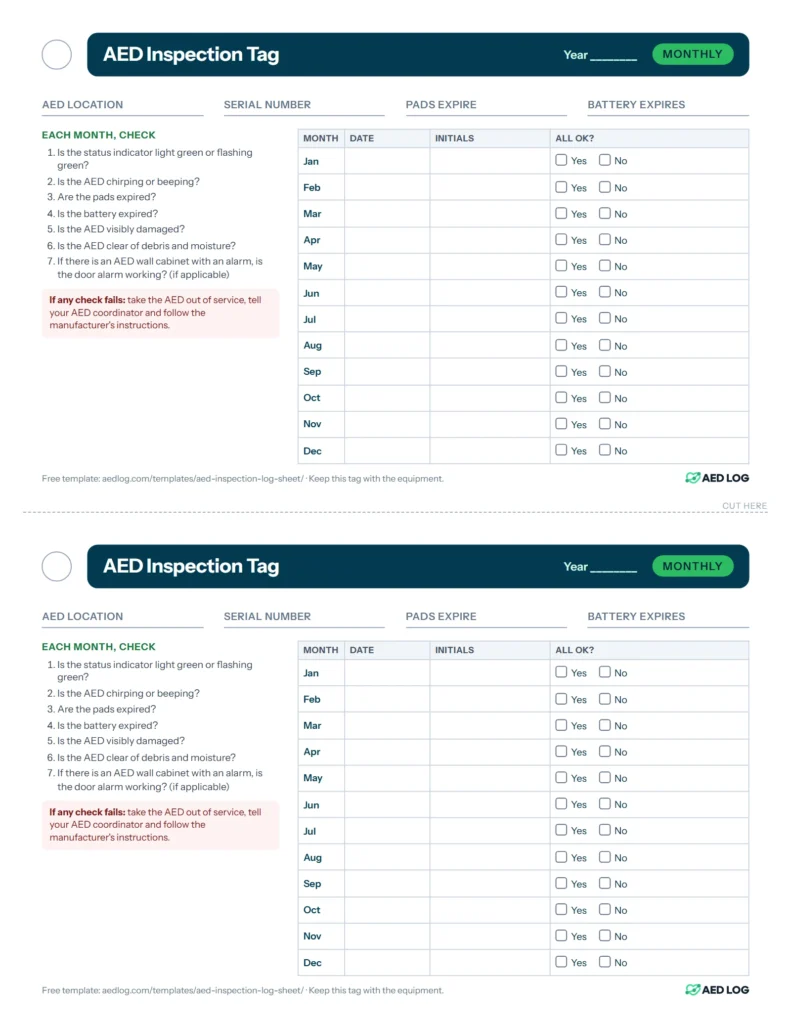 Two printable AED inspection tags on one page, each with a hole for hanging, fields for the AED's location, serial number and pad and battery dates, the monthly checks and a 12-month log of date, initials and result