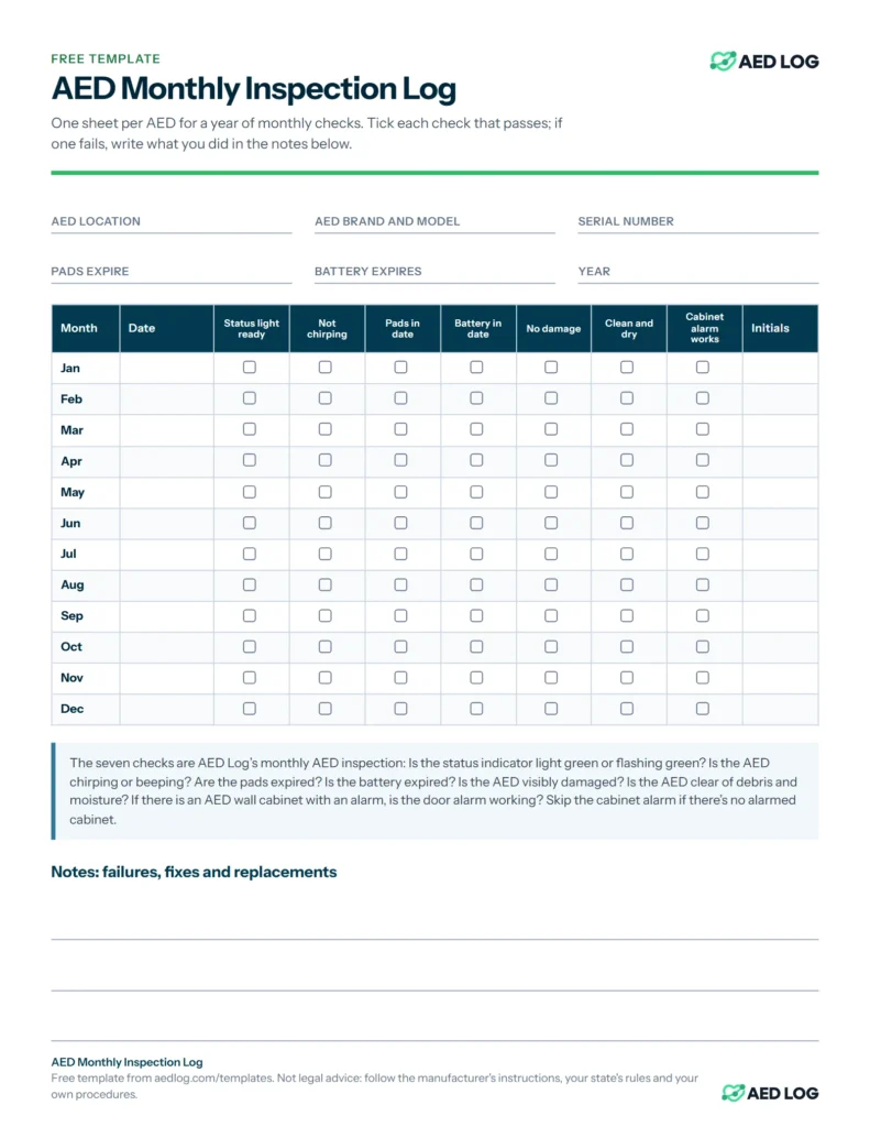 The free AED monthly inspection log: one row per month from January to December, with the date, a tick box for each of the seven checks and the inspector's initials, under fields for the AED's location, serial number and pad and battery dates