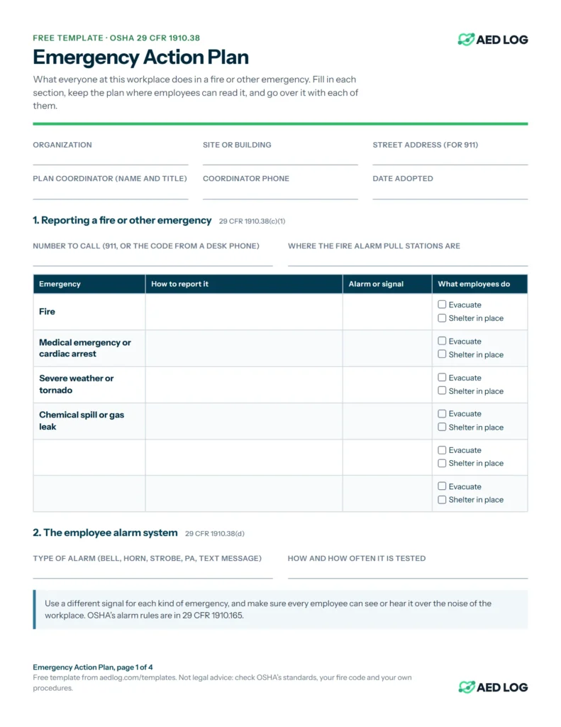 Page one of the free OSHA emergency action plan template: fields for the organization, address and plan coordinator, a table for reporting fires, medical emergencies, severe weather and chemical spills with their alarms and whether to evacuate or shelter in place, and the employee alarm system