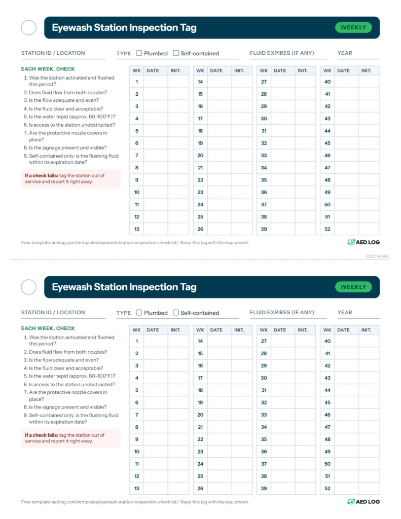 Two printable weekly eyewash station inspection tags on one page, each with the weekly checks and a 52-week log of date and initials